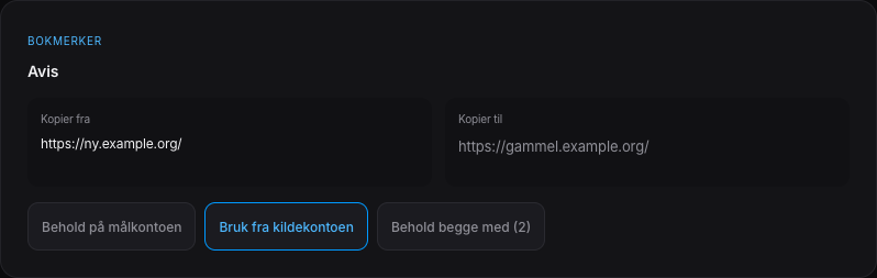 Eksempel på bokmerkekonflikt i Chrome Merger
